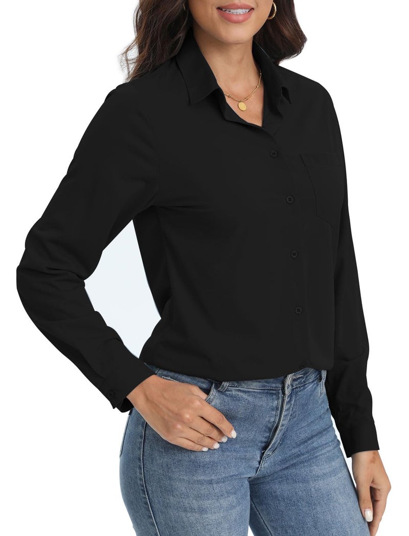 COUXILY Wrinkle Free Womens Button Down Collared Shirt Long Sleeve Classic Fit Business Office Formal Work Tops (Black, XS) - Image 2