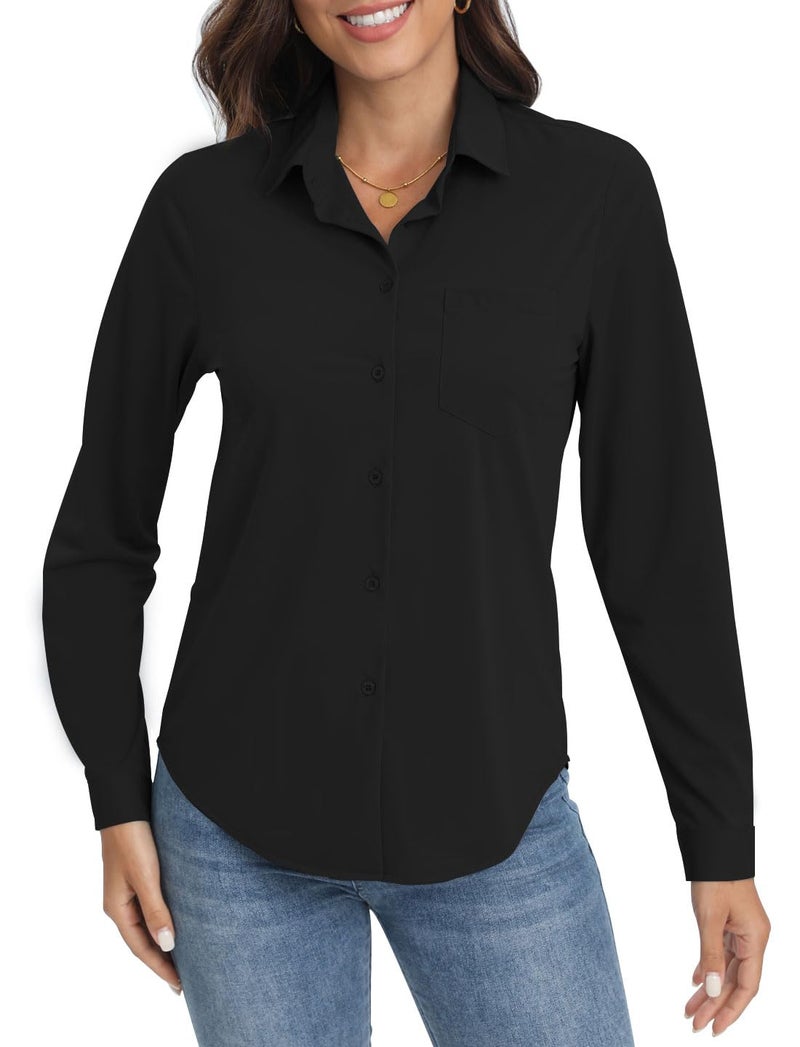 COUXILY Wrinkle Free Womens Button Down Collared Shirt Long Sleeve Classic Fit Business Office Formal Work Tops (Black, XS) - Image 3