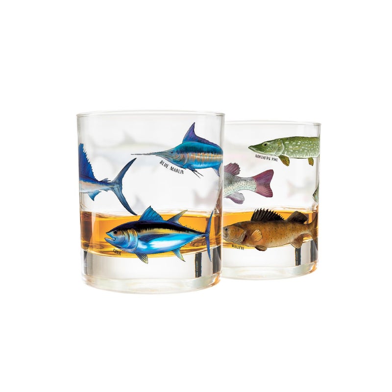 Greenline Goods  Fishing Glass Set for Fisherman and Outdoorsman  Fish Themed 10 oz Whiskey Glass Set of 2  Freshwater and Saltwater Fish on the Glass