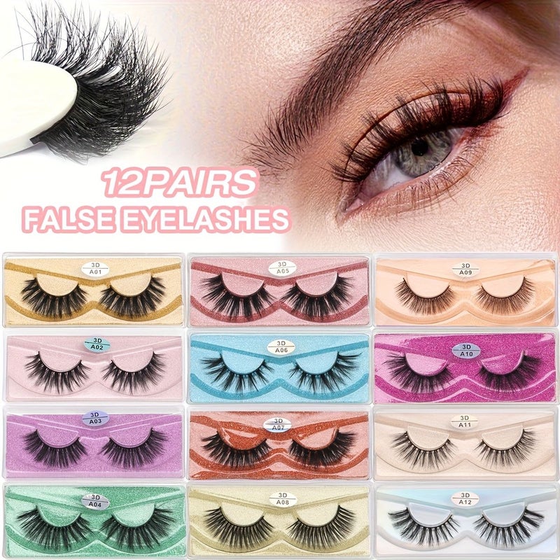 12 Pairs Natural Fluffy False Eyelashes 3D Mink Mixed Lengths Cat Eye Style - Image 1