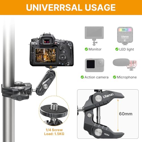 UURIG R094 Super Clamp, Multi-Functional Camera C Clamp Mount,1/4" Ball Head Monitor Mount 3/8" Hole Adjustable Video Shooting,Mobile Clip Compatible with DJI OSMO 360/Pocket 3/Insta 360x5/Monitor/Light/Mic - Image 3