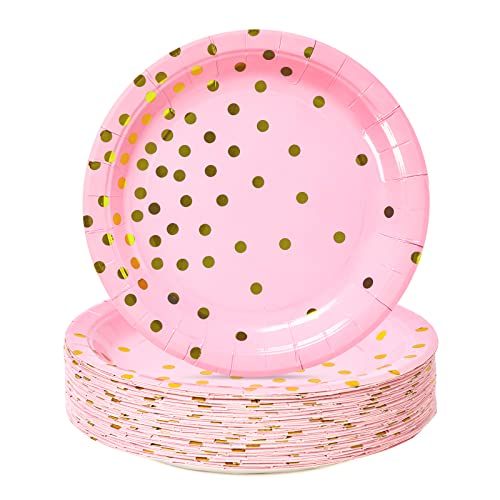 CENLBJ Pink and Gold Party Supplies, Pink Paper Dessert Plates (50-Count) - Image 1