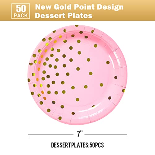 CENLBJ Pink and Gold Party Supplies, Pink Paper Dessert Plates (50-Count) - Image 2