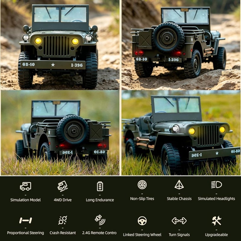 ييكيشو سيارة تحكم عن بعد رباعية الدفع 4x4 للطرق الوعرة عسكرية RC مقياس 1/10 جاهزة للتشغيل فورية لجميع التضاريس بتردد 2.4 جيجاهرتز متناسبة بالكامل لهواية RC للبالغين من عمر 15 سنة فما فوق | مركبة شاحنة RC رباعية الدفع بتردد 2.4 جيجاهرتز للطرق الوعرة مع أضواء متصلة للاست��دام الداخلي والخارجي - Image 2