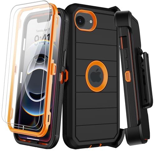 KECAI for iPhone 16e Case with Belt Clip Holster,Screen Protector X2,Heavy Duty Shockproof Drop Protection Military Grade 3 Layers Full Covered Rugged Durable Phone Cover for Apple 16e (Black Orange) - Image 1