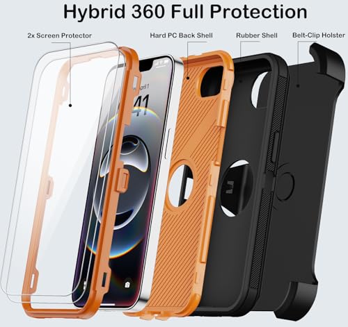 KECAI for iPhone 16e Case with Belt Clip Holster,Screen Protector X2,Heavy Duty Shockproof Drop Protection Military Grade 3 Layers Full Covered Rugged Durable Phone Cover for Apple 16e (Black Orange) - Image 3