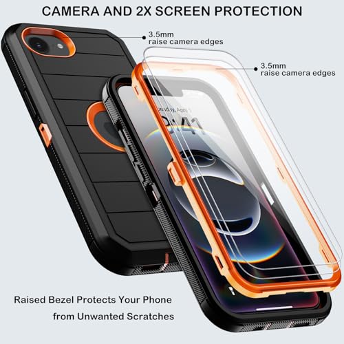 KECAI for iPhone 16e Case with Belt Clip Holster,Screen Protector X2,Heavy Duty Shockproof Drop Protection Military Grade 3 Layers Full Covered Rugged Durable Phone Cover for Apple 16e (Black Orange) - Image 2