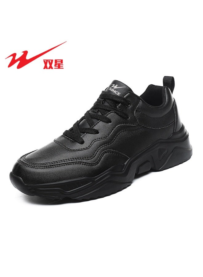 DOUBLESTAR Men's Black Leather Sneakers Thick - Sole Casual Sports Shoes Fashion Design
