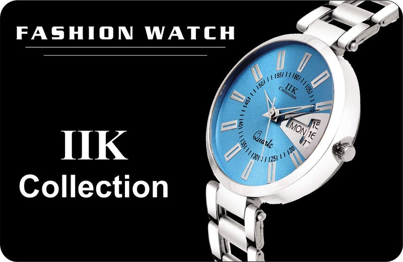 IIK Collection ساعة IIK كوليكشن بحزام من الفولاذ المقاوم للصدأ مع قرص دائري وسلسلة، تعمل بنظام اليوم والتاريخ للسيدات والفتيات - فضي - Image 3