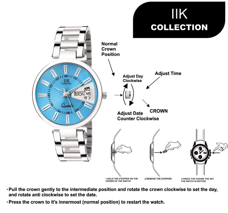 IIK Collection ساعة IIK كوليكشن بحزام من الفولاذ المقاوم للصدأ مع قرص دائري وسلسلة، تعمل بنظام اليوم والتاريخ للسيدات والفتيات - فضي - Image 4