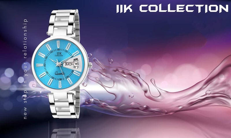 IIK Collection ساعة IIK كوليكشن بحزام من الفولاذ المقاوم للصدأ مع قرص دائري وسلسلة، تعمل بنظام اليوم والتاريخ للسيدات والفتيات - فضي - Image 5