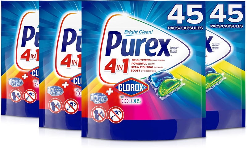 Purex 4-in-1 + Clorox2 Laundry Detergent Pacs, Original Fresh, 45 Count, Pack of 4, 180 Total Loads - Image 1