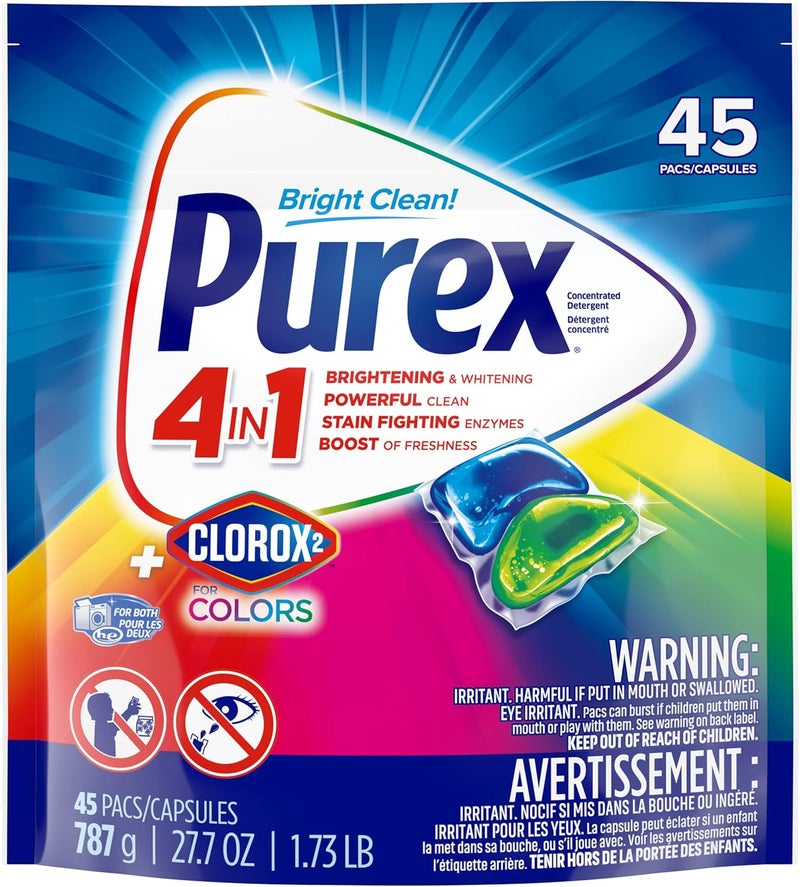 Purex 4-in-1 + Clorox2 Laundry Detergent Pacs, Original Fresh, 45 Count, Pack of 4, 180 Total Loads - Image 2