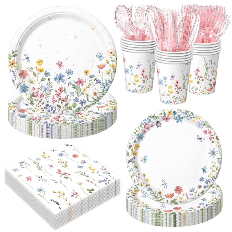 LINHAXM 168PCS Wildflower Party Decorations Spring Floral Baby Shower Birthday Decorations Include Plates, Cups, Napkins, Cutlery for Wildflower Baby Shower Tea Decorations, Serve 24 - Image 1