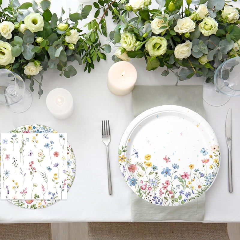 LINHAXM 168PCS Wildflower Party Decorations Spring Floral Baby Shower Birthday Decorations Include Plates, Cups, Napkins, Cutlery for Wildflower Baby Shower Tea Decorations, Serve 24 - Image 5