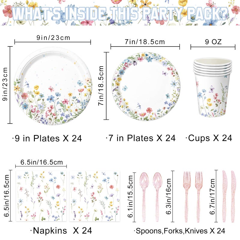 LINHAXM 168PCS Wildflower Party Decorations Spring Floral Baby Shower Birthday Decorations Include Plates, Cups, Napkins, Cutlery for Wildflower Baby Shower Tea Decorations, Serve 24 - Image 2