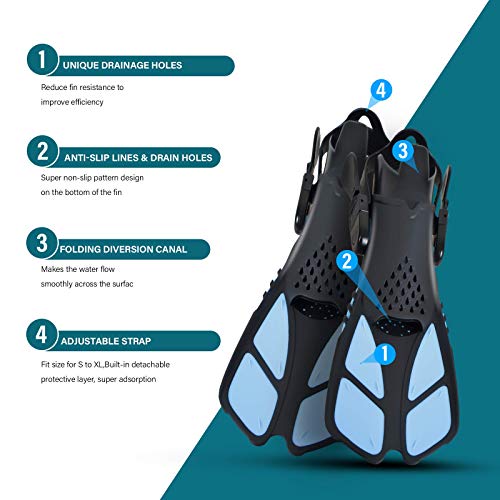 Aisrida Kids Snorkeling Set Children Mask Fin Snorkel Set Snorkeling Gear Snorkel Mask + Adjustable Swimming Kids Flippers+ Dry Snorkel Tube + Travel Bags (Light Blue) - Image 5