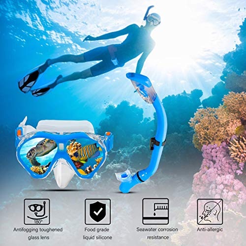 Aisrida Kids Snorkeling Set Children Mask Fin Snorkel Set Snorkeling Gear Snorkel Mask + Adjustable Swimming Kids Flippers+ Dry Snorkel Tube + Travel Bags (Light Blue) - Image 2
