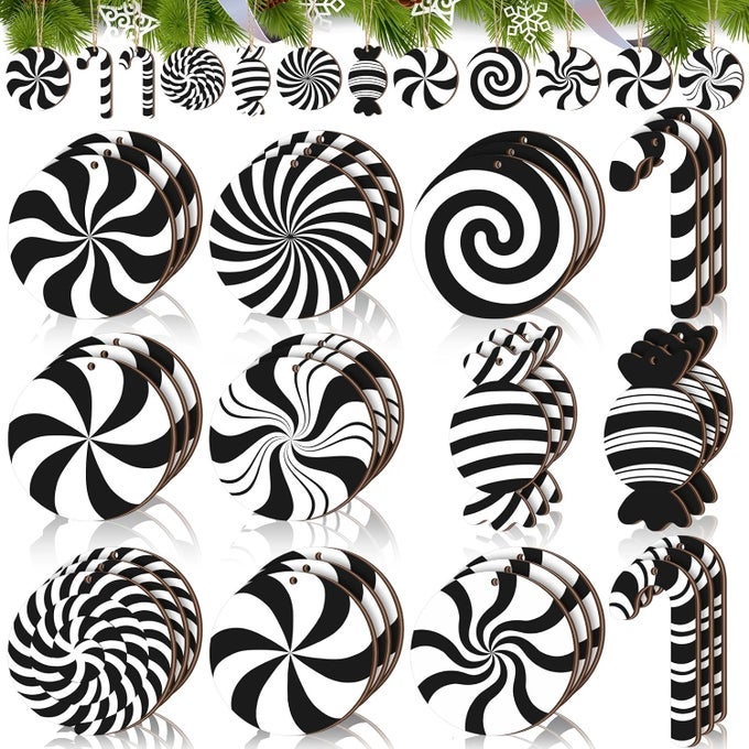 36 PCS CHRISTMAS CANDY HANGING ORNAMENTS WOODEN CHRISTMAS TREE DECORATIONS BLACK AND WHITE XMAS PEPPERMINT LOLLIPOP ORNAMENT SET FOR HOLIDAY BIRTHDAY PARTY DECORATION SUPPLIES CRAFTS GIFTS
