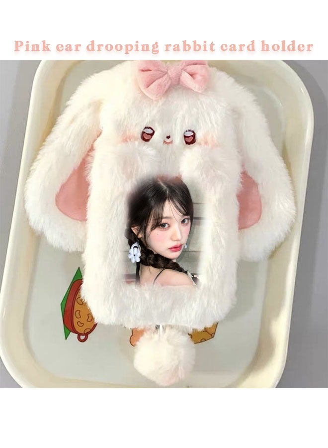 Realfrog Kpop Photocard Holder Pink Plush Rabbit Id Card Protective Cover Cartoon Plush Card Holder Pendant Compatible With IVE/BTS Three-Inch Small Card  - Image 1