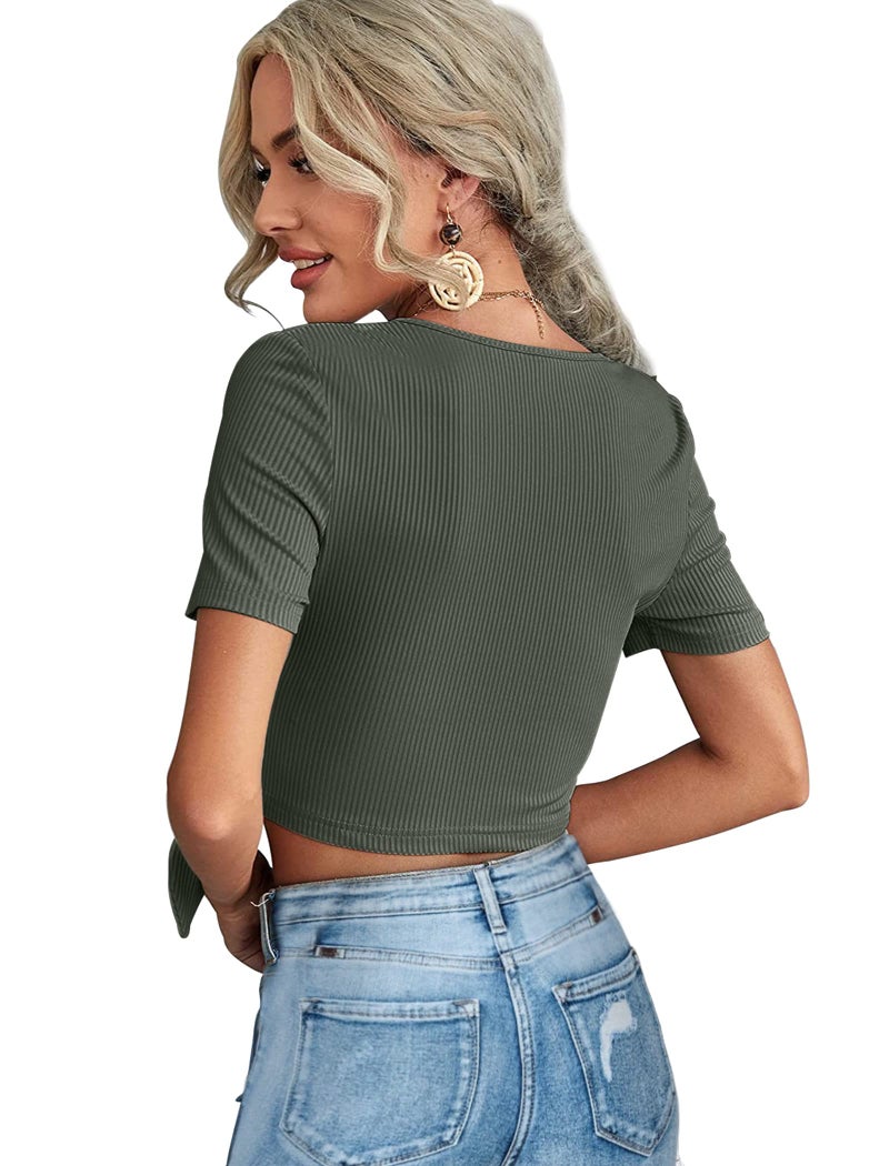 Glanzition Womens Shirts Casual Summer Tie Front Wrap Cross Crop Tops Slim Fit Grey Green L - Image 5