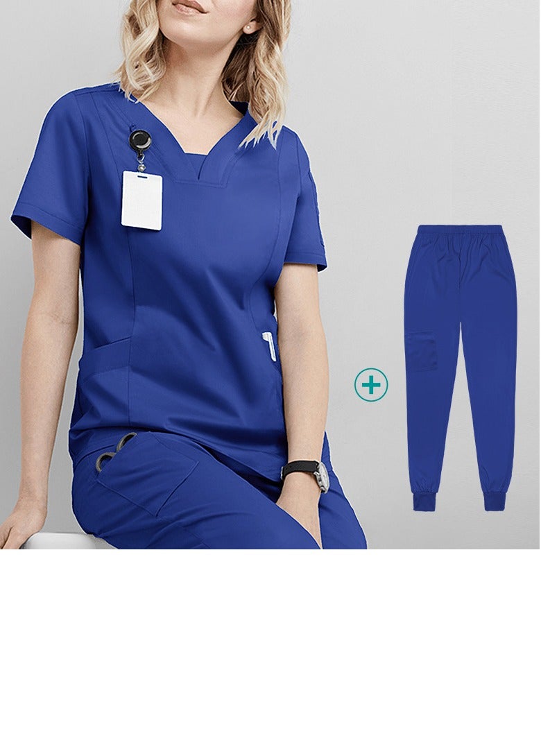 Loquat Solid Color Medical Uniform Scrubs Set Medical Scrubs 2 Piece Set Top and Pants Suit Dark Blue
