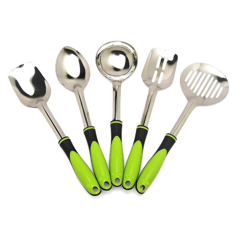 ZUNBELLA l Serving and Cooking Spoons with Plastic Handle Set of 5 Piece Stainless Steel Green and NonStick Silicone Spatula Heat Resistant Baking Spatula - Image 2
