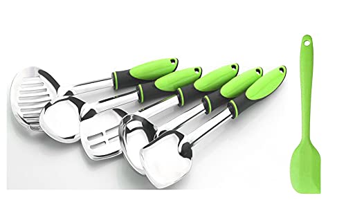 ZUNBELLA l Serving and Cooking Spoons with Plastic Handle Set of 5 Piece Stainless Steel Green and NonStick Silicone Spatula Heat Resistant Baking Spatula - Image 1