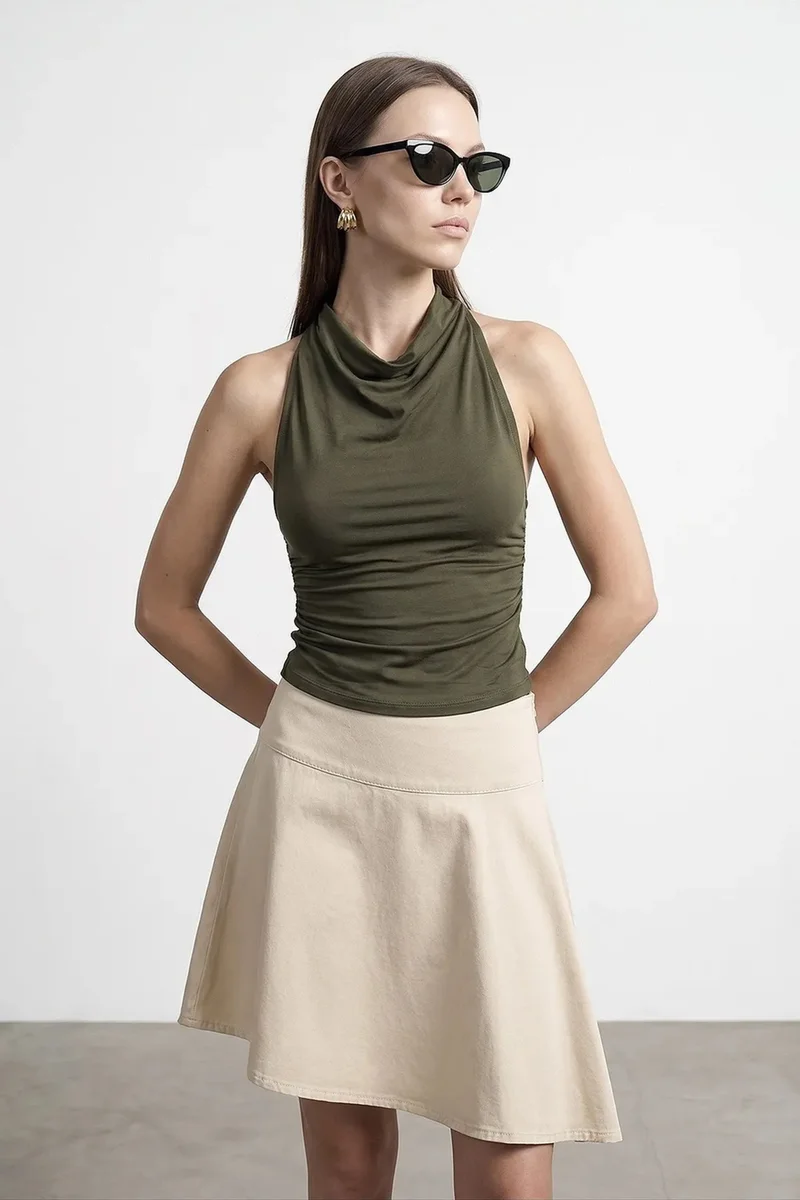 DILVIN Sleeveless Backless Cowl Neck Blouse