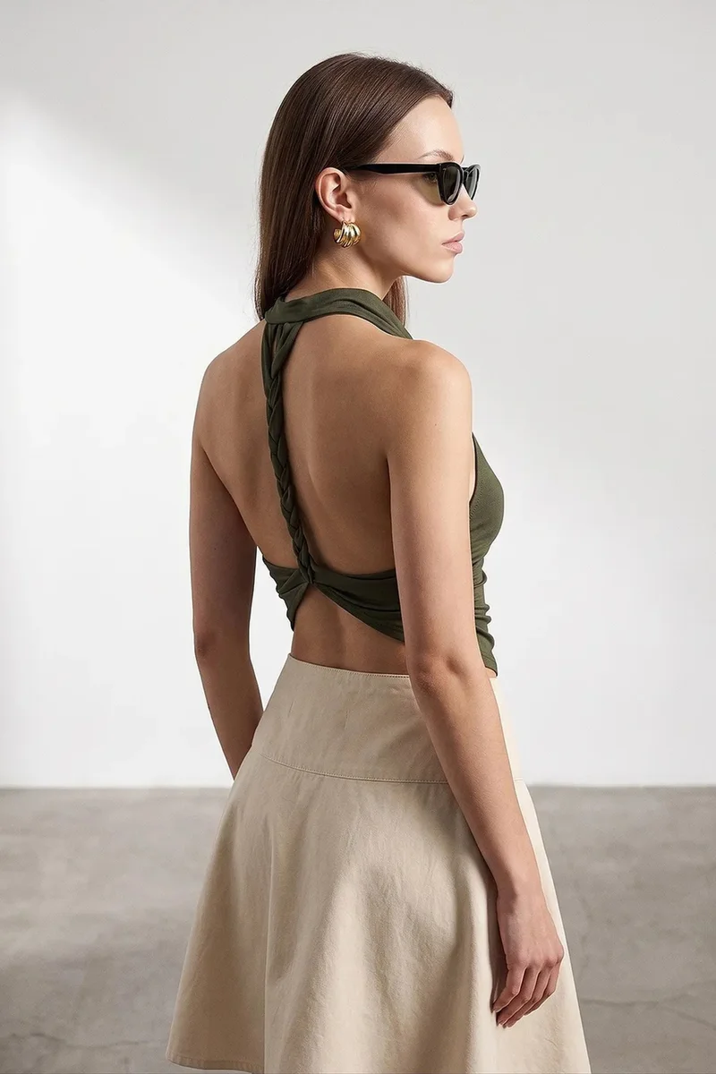 Dilvin Khaki Green DILVIN Sleeveless Backless Cowl Neck Blouse for Women | Best Price UAE