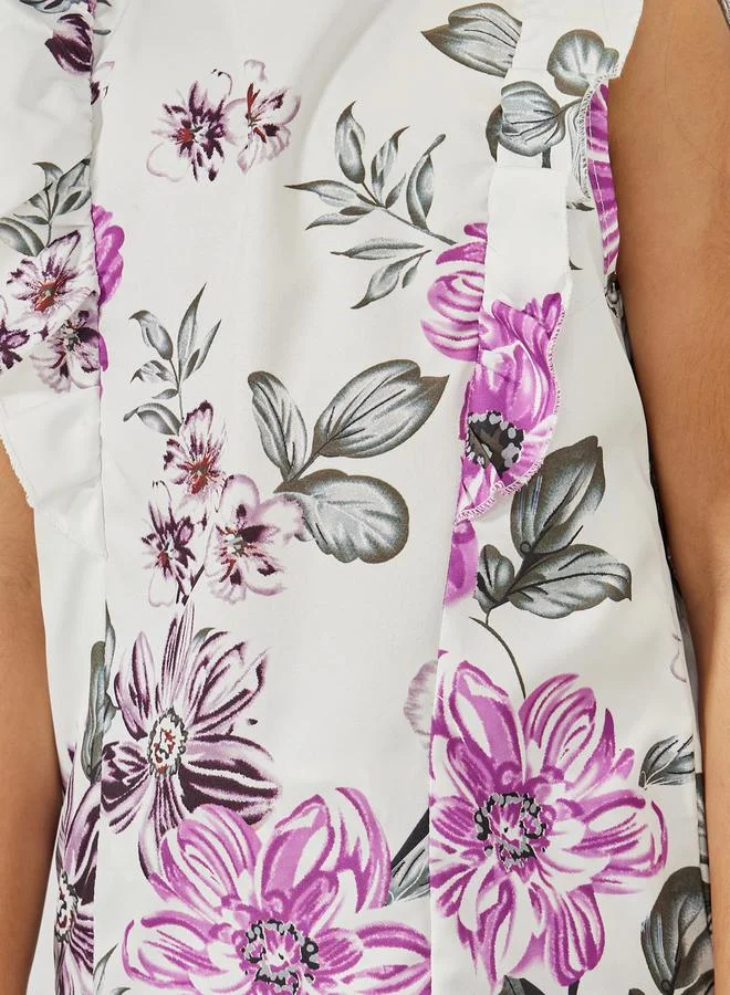 Styli Ruffle Trim Floral Print Top & Shorts Set