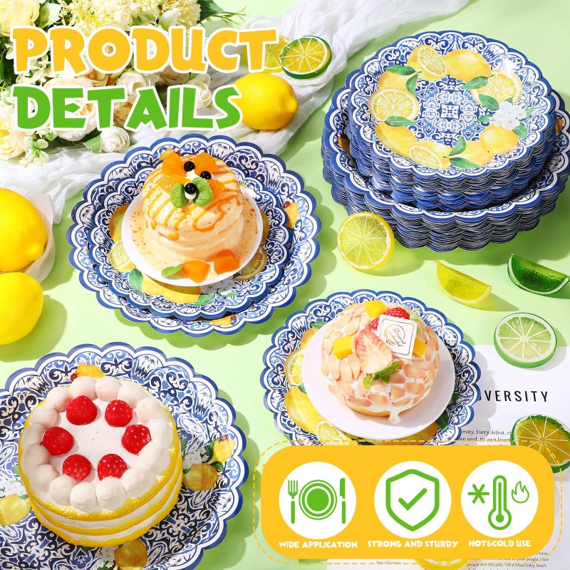 Vesici 100 Pack Capri Lemon Paper Plates Set 9 in 7 in Blue Tiles Yellow Lemon Plates Disposable Italian Amalfi Coast Party Decorations for Birthday Wedding Engagement Party Supplies, Serve 50 Guest - Image 4