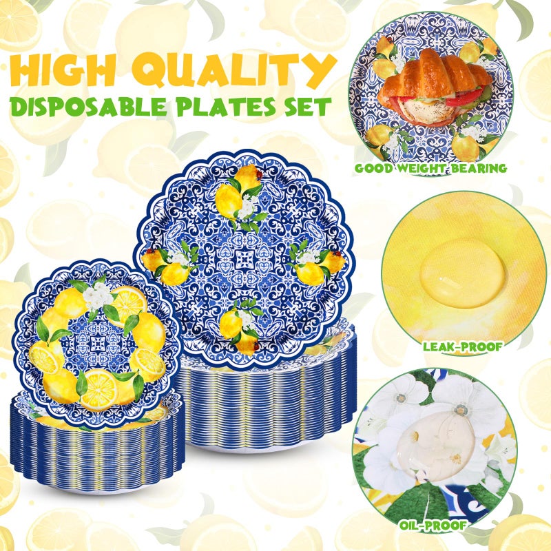 Vesici 100 Pack Capri Lemon Paper Plates Set 9 in 7 in Blue Tiles Yellow Lemon Plates Disposable Italian Amalfi Coast Party Decorations for Birthday Wedding Engagement Party Supplies, Serve 50 Guest - Image 3