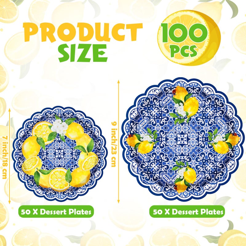 Vesici 100 Pack Capri Lemon Paper Plates Set 9 in 7 in Blue Tiles Yellow Lemon Plates Disposable Italian Amalfi Coast Party Decorations for Birthday Wedding Engagement Party Supplies, Serve 50 Guest - Image 2