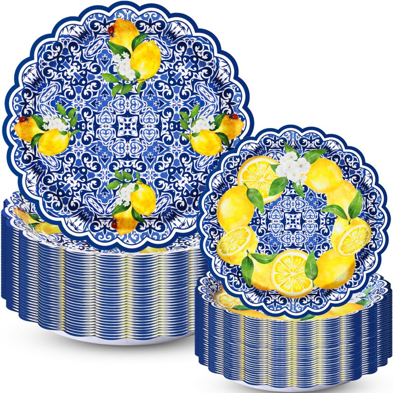 Vesici 100 Pack Capri Lemon Paper Plates Set 9 in 7 in Blue Tiles Yellow Lemon Plates Disposable Italian Amalfi Coast Party Decorations for Birthday Wedding Engagement Party Supplies, Serve 50 Guest - Image 1