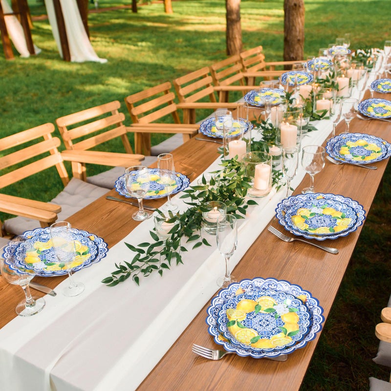 Vesici 100 Pack Capri Lemon Paper Plates Set 9 in 7 in Blue Tiles Yellow Lemon Plates Disposable Italian Amalfi Coast Party Decorations for Birthday Wedding Engagement Party Supplies, Serve 50 Guest - Image 5