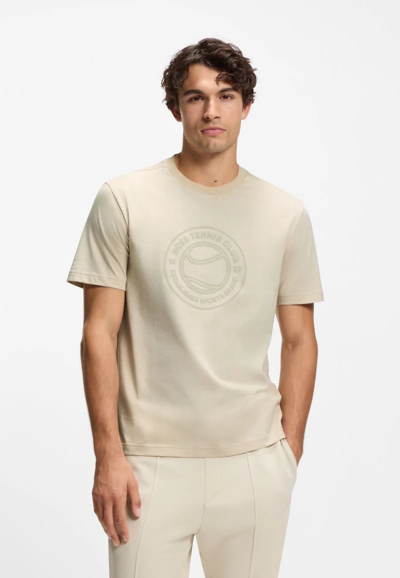 BOSS Cotton-jersey T-shirt with tennis-themed artwork