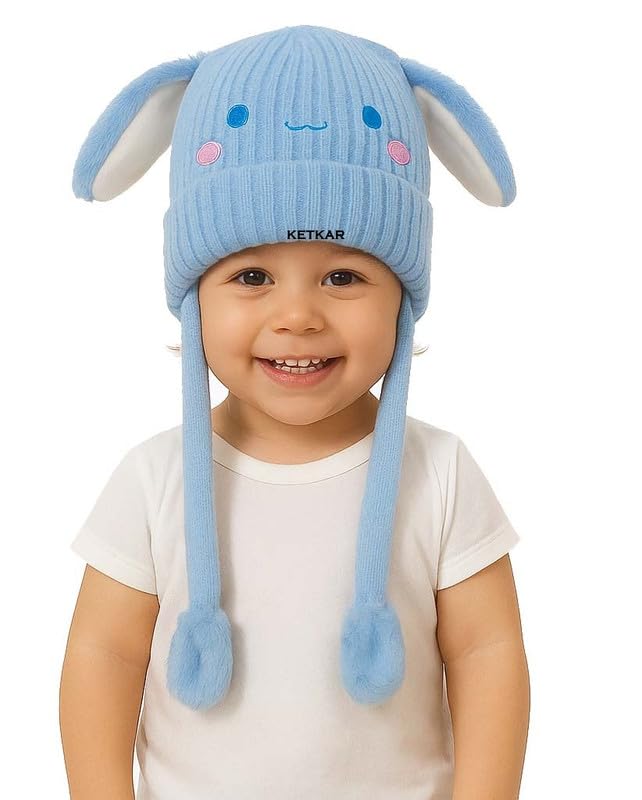 KETKAR Bunny Cap with Moving Ears for Kids (1–10 Yrs) | Plush Wool Winter Hat | Cute Girls Headwear & Funny Cap_Sky Blue - Image 2