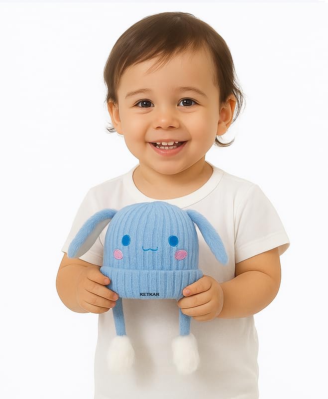 KETKAR Bunny Cap with Moving Ears for Kids (1–10 Yrs) | Plush Wool Winter Hat | Cute Girls Headwear & Funny Cap_Sky Blue - Image 3