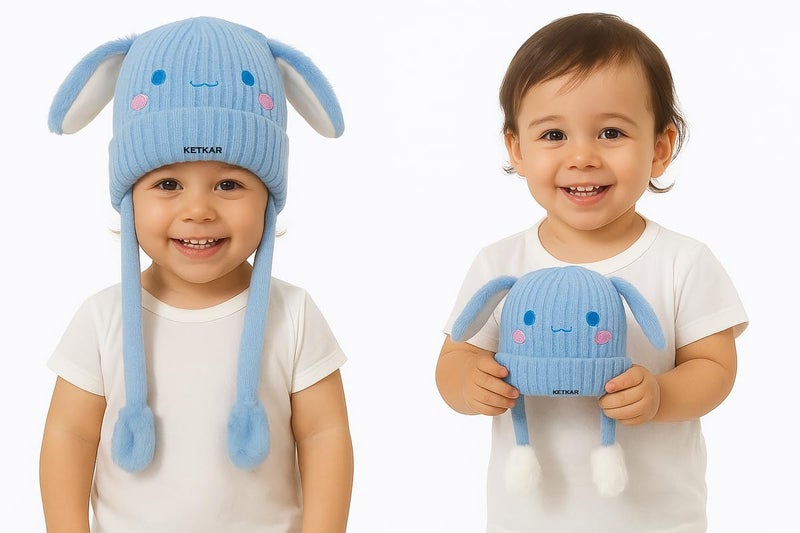 KETKAR Bunny Cap with Moving Ears for Kids (1–10 Yrs) | Plush Wool Winter Hat | Cute Girls Headwear & Funny Cap_Sky Blue - Image 4