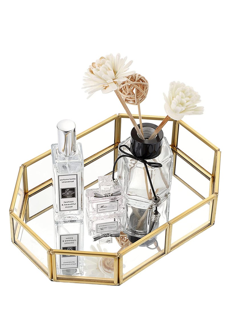 Generic - Mirror Gold Tray Small Perfume Glass Tray Metal Makeup Decorative Tray Rectangle Mirrored Jewelry Tray Organizer for Vanity Bathroom Dressing Table Polygon - Image 1