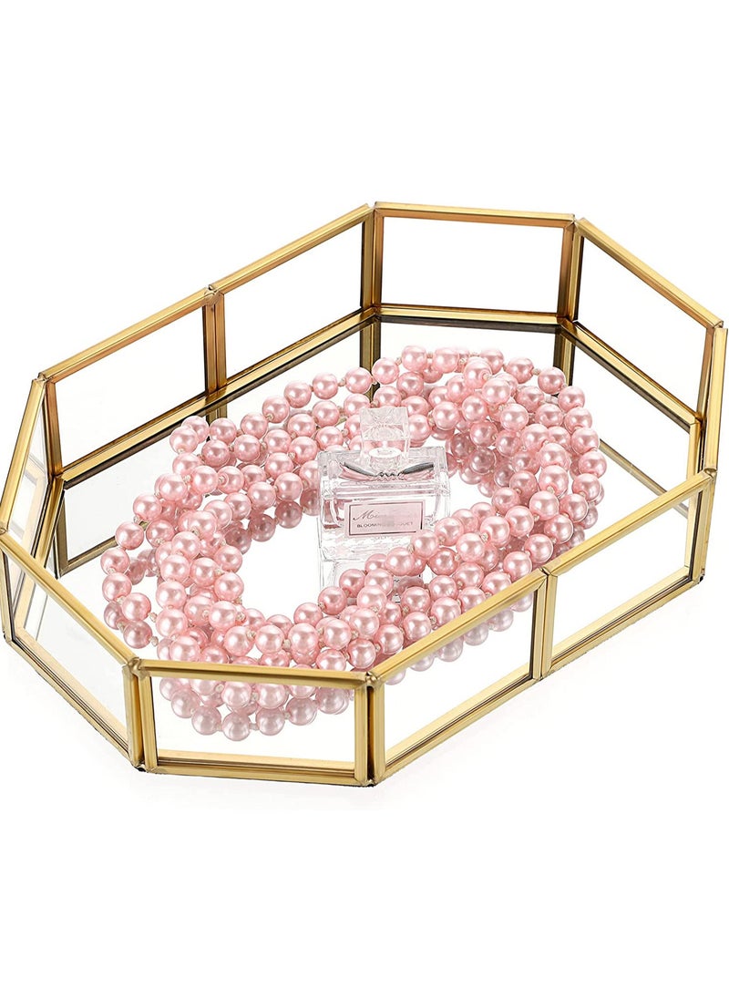 Generic - Mirror Gold Tray Small Perfume Glass Tray Metal Makeup Decorative Tray Rectangle Mirrored Jewelry Tray Organizer for Vanity Bathroom Dressing Table Polygon - Image 1