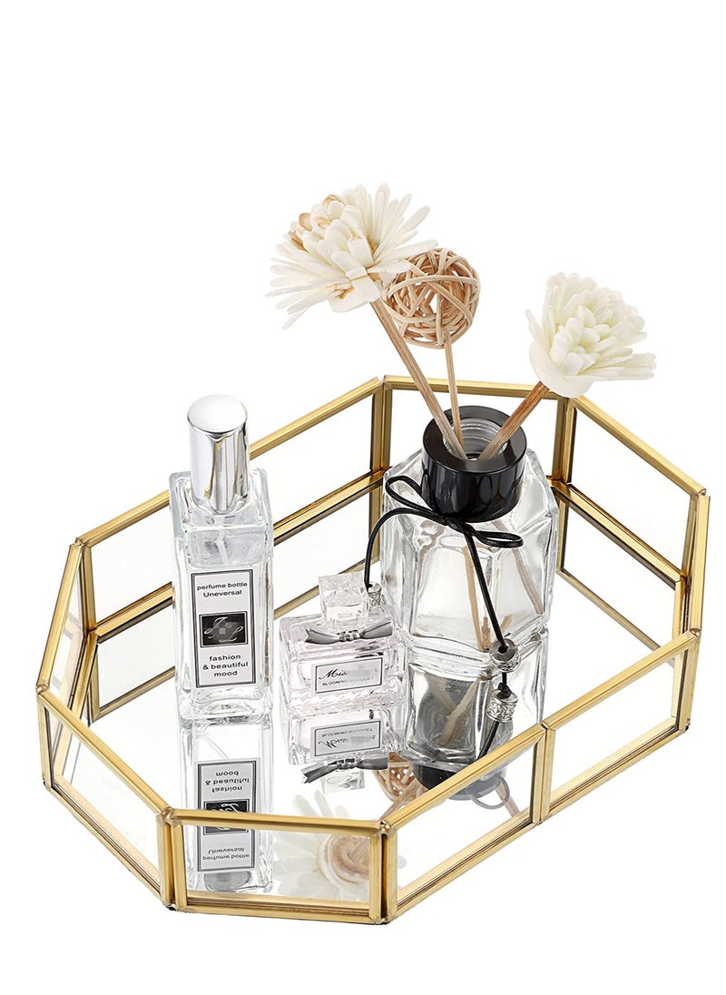 Generic - Mirror Gold Tray Small Perfume Glass Tray Metal Makeup Decorative Tray Rectangle Mirrored Jewelry Tray Organizer for Vanity Bathroom Dressing Table Polygon - Image 1