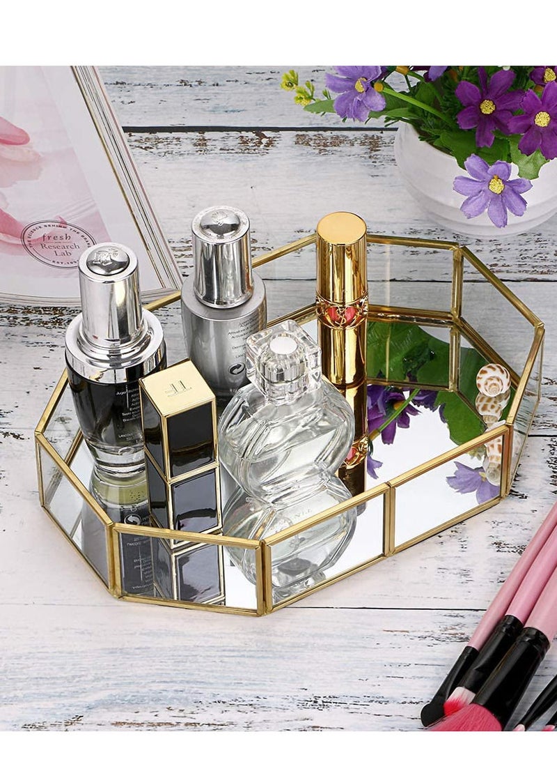 Generic - Mirror Gold Tray Small Perfume Glass Tray Metal Makeup Decorative Tray Rectangle Mirrored Jewelry Tray Organizer for Vanity Bathroom Dressing Table Polygon - Image 1