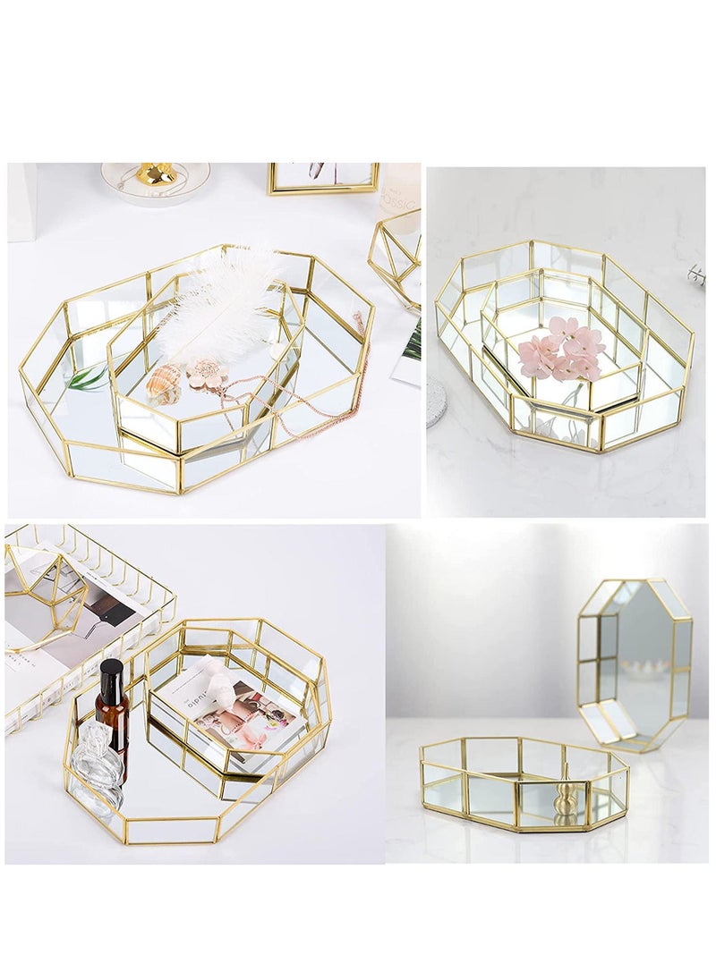 Generic - Mirror Gold Tray Small Perfume Glass Tray Metal Makeup Decorative Tray Rectangle Mirrored Jewelry Tray Organizer for Vanity Bathroom Dressing Table Polygon - Image 1