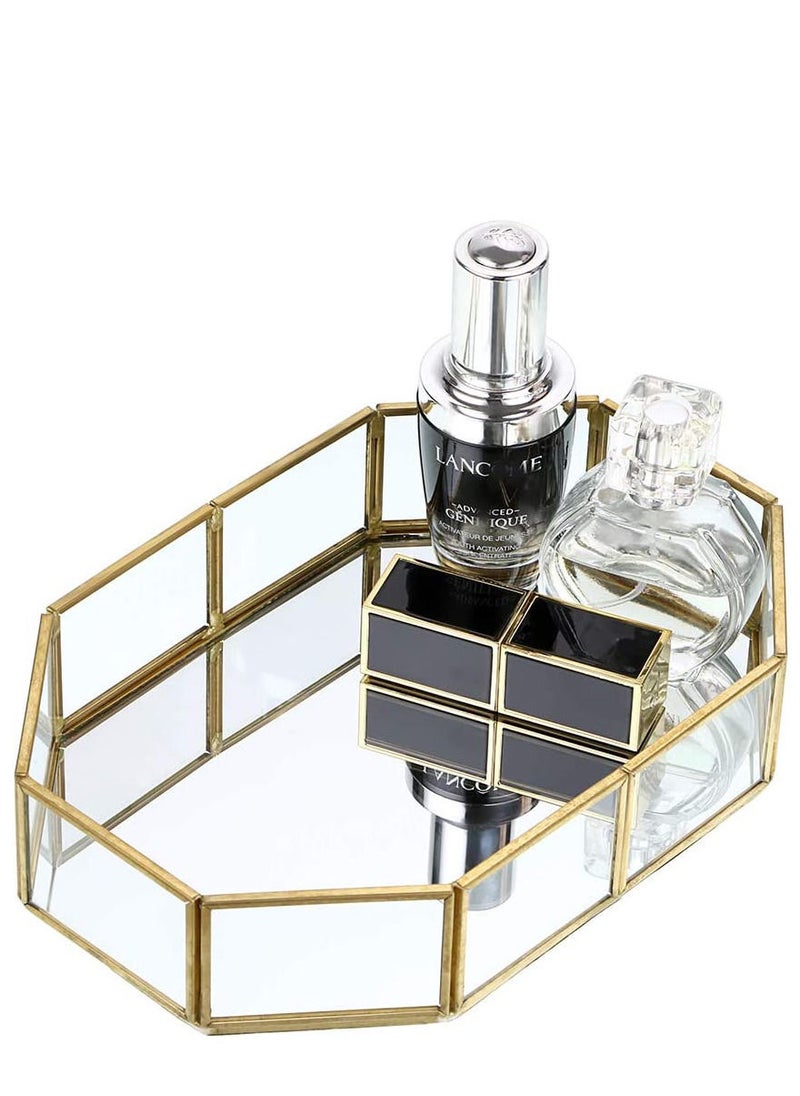 Generic - Mirror Gold Tray Small Perfume Glass Tray Metal Makeup Decorative Tray Rectangle Mirrored Jewelry Tray Organizer for Vanity Bathroom Dressing Table Polygon - Image 1