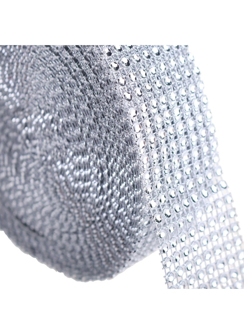 PMLAND PMLAND Silver Diamond 8 Row Rhinestone Mesh Ribbon Wrap  Bulk Package 15 Inch Wide x 30 Feet Long  - Image 1