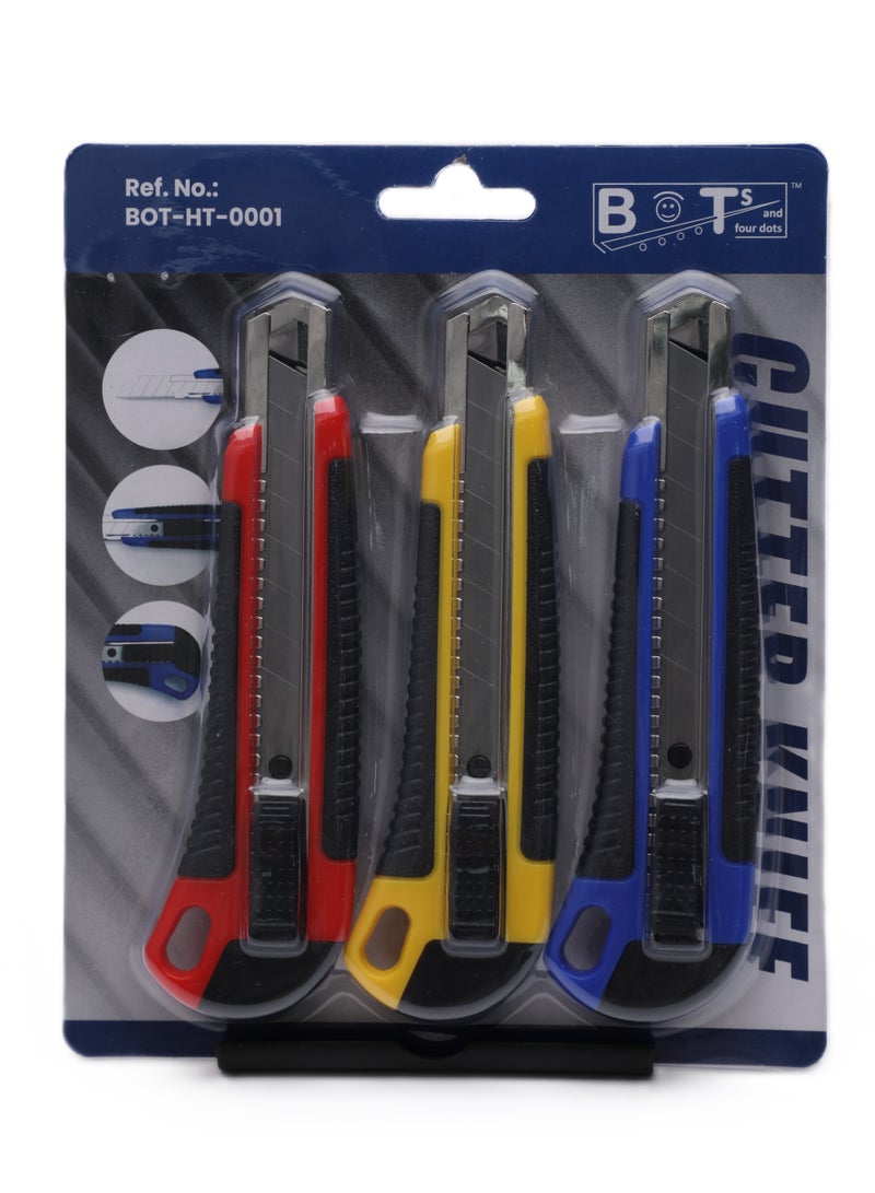 BOTs and four dots 3 Pieces Paper Cutter 18mm snap off blades safety Paper Cutter Knife. (3 in Pack) Blue, Red, and Yellow, Retractable Utility Cutter.  - Image 1