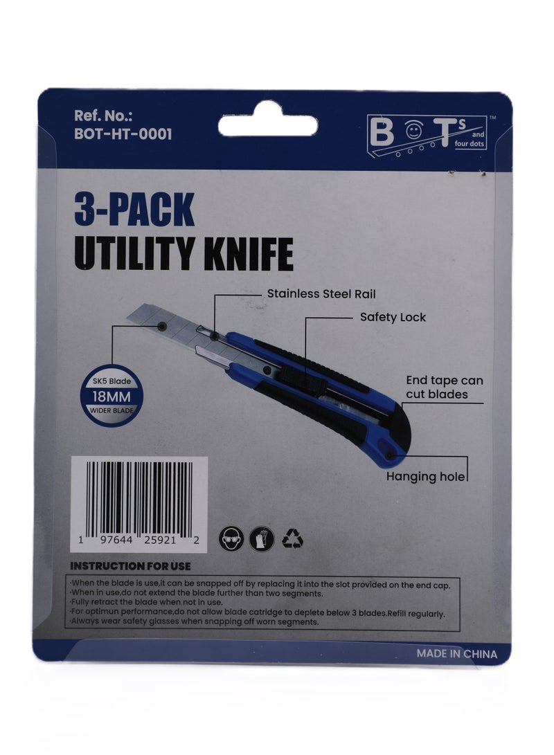 BOTs and four dots 3 Pieces Paper Cutter 18mm snap off blades safety Paper Cutter Knife. (3 in Pack) Blue, Red, and Yellow, Retractable Utility Cutter.  - Image 2