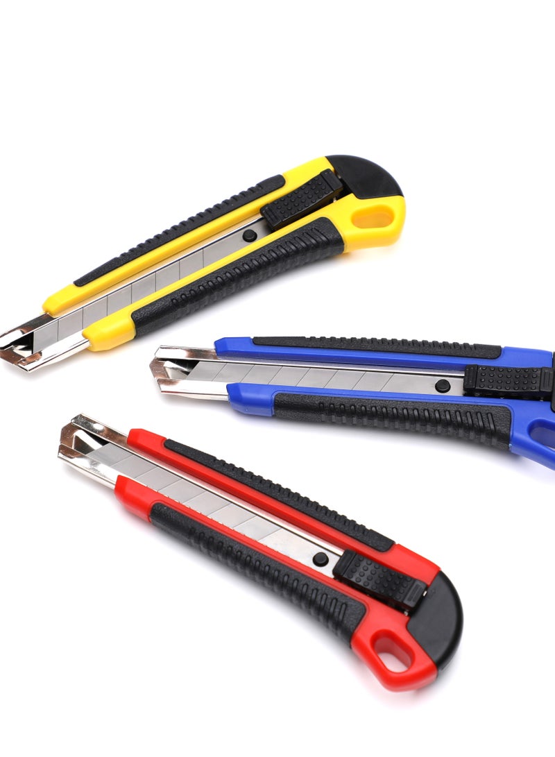 BOTs and four dots 3 Pieces Paper Cutter 18mm snap off blades safety Paper Cutter Knife. (3 in Pack) Blue, Red, and Yellow, Retractable Utility Cutter.  - Image 3